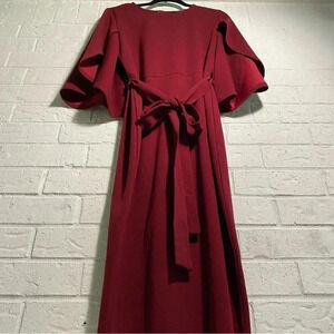 SHEIN Bodycon Dress Size Large Cape Sleeve Red Burgundy Cloth Waist Tie Date